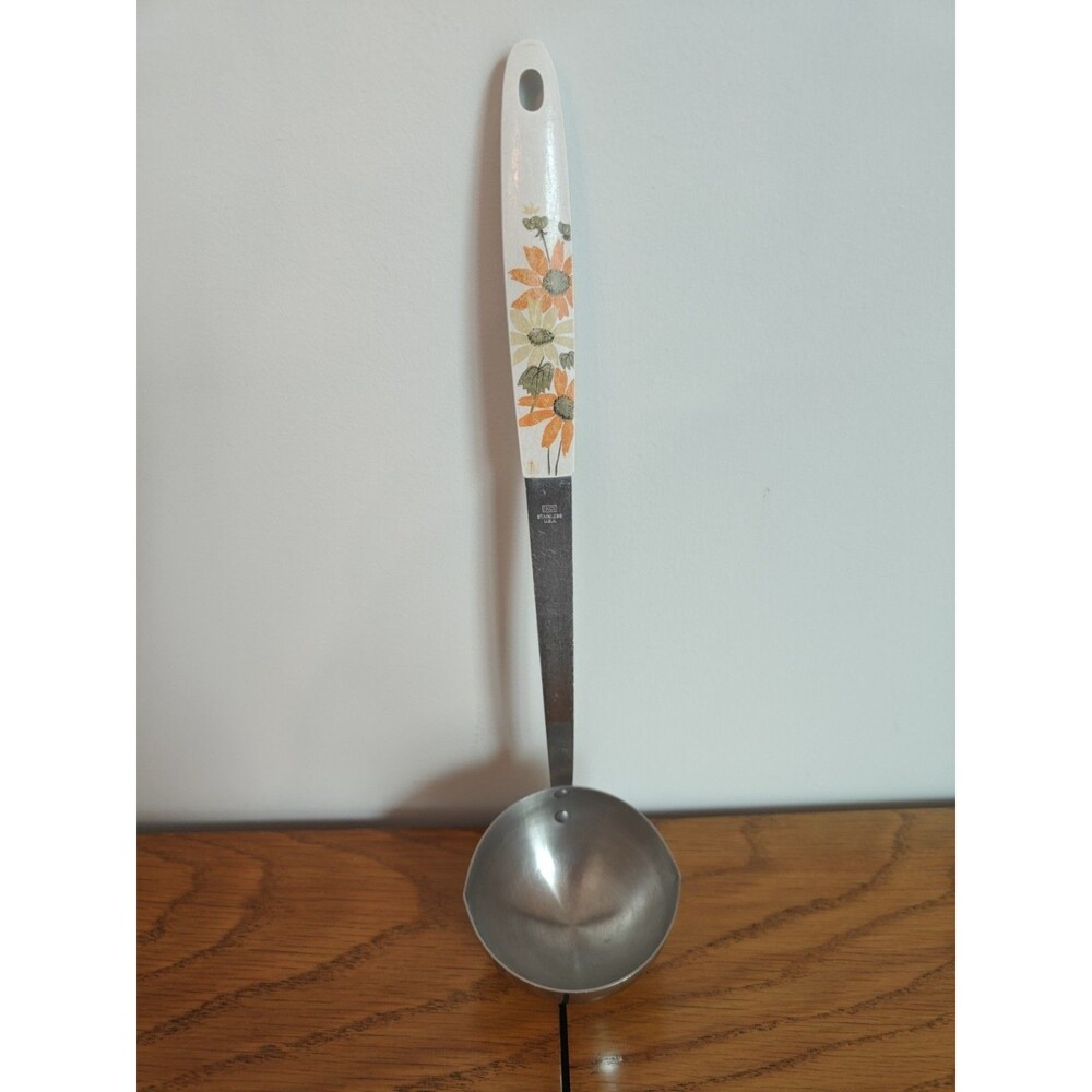 VTG "EKCO" ST STEEL UTENSIL "COUNTRY GARDEN" ORANGE YELLOW FLORAL LADLE